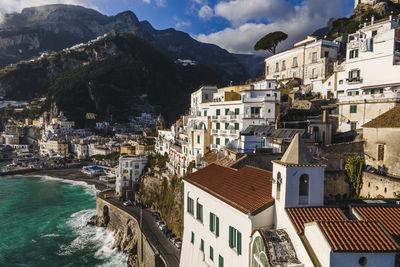 Aerial view of amalfi, a little town along the amalfi coast facing the mediterranean sea, salerno