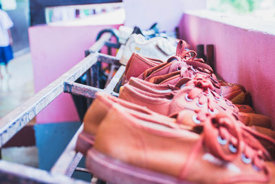 Close-up of shoes on table