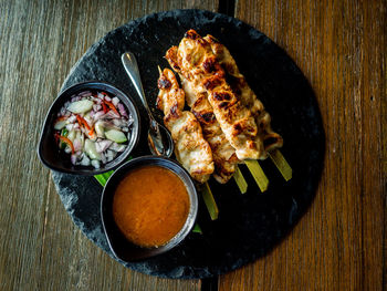 High angle view of food served on table