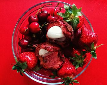 High angle view of strawberries on table