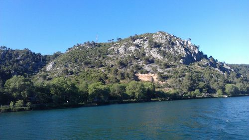 Scenic view of calm lake against clear sky