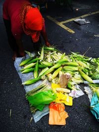 High angle view of vegetables for sale at street market