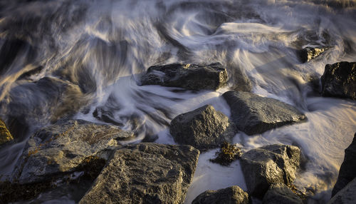 High angle view of water flowing through rocks