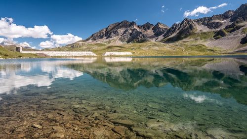 Scenic view of lake and mountains against sky