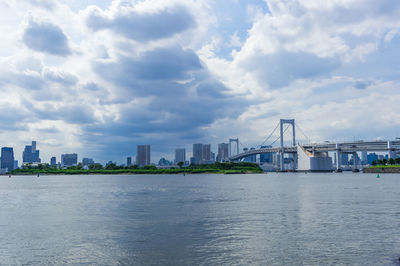 View of bridge over river with buildings in background