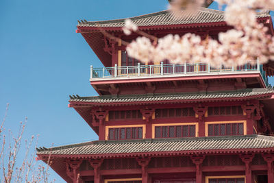 Low angle view of traditional building against clear blue sky