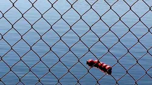 View of sea seen through chainlink fence