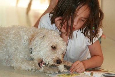 Girl with dog at home