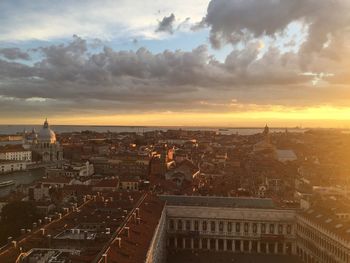 High angle view of cityscape at sunset