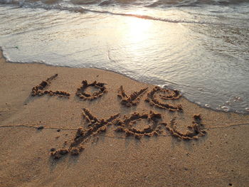 High angle view of text on sand at beach