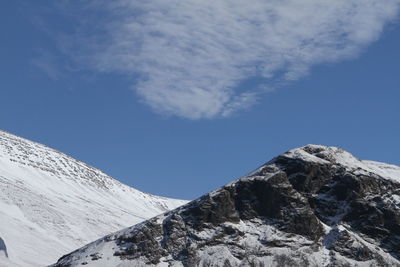 Low angle view of snowcapped mountain against sky