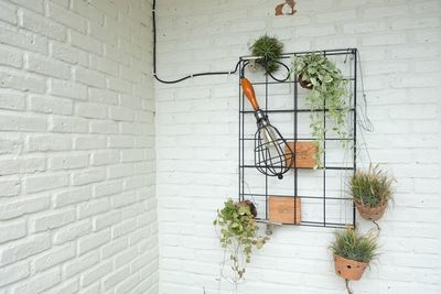 Lighting equipment and potted plants hanging on metal grate by wall