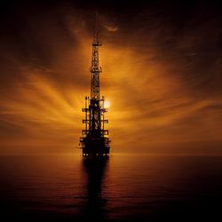 Scenic view of offshore jack up oil rig at sea against sky during sunset