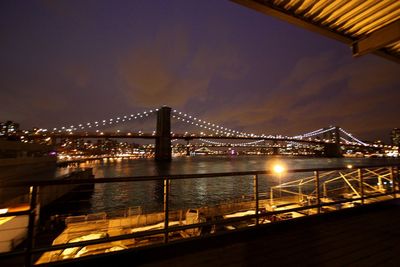 Illuminated bridge over river at night