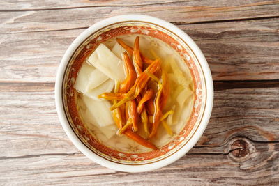 High angle view of soup in bowl on table