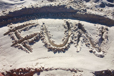 High angle view of text on sand at beach