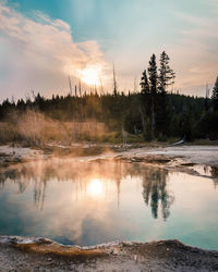 Scenic view of lake against sky during sunset