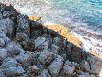 High angle view of rocks on beach