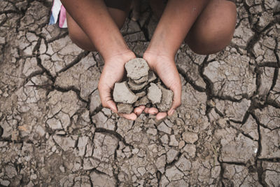 Close-up of farmer holding dry mud on field