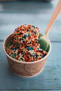 High angle view of food in bowl on table