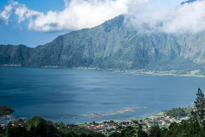 Scenic view of sea and mountains against sky