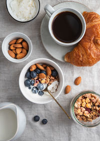 High angle view of breakfast served on table