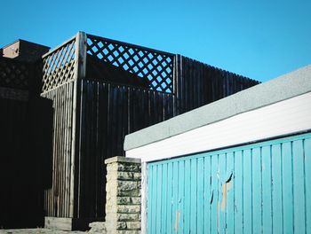 Low angle view of building against clear blue sky