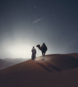 Men walking on desert against sky at night