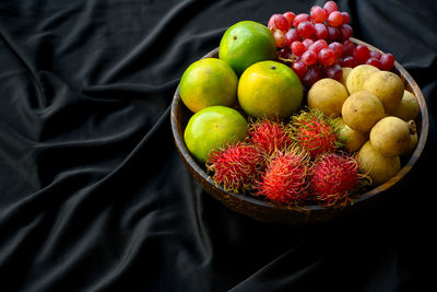 High angle view of apples in bowl on table