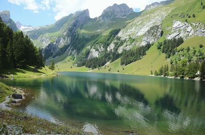 Scenic view of lake and mountains against sky