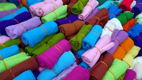 Full frame shot of colorful fabrics for sale at market