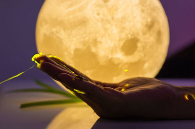 Close-up of insect on human hand against illuminated moon decoration