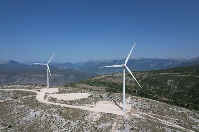 Wind turbines on land against clear sky