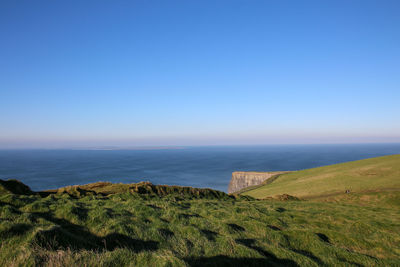 Scenic view of sea against clear blue sky