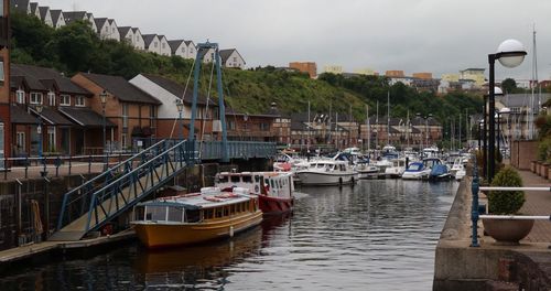 Boats moored at harbor against sky