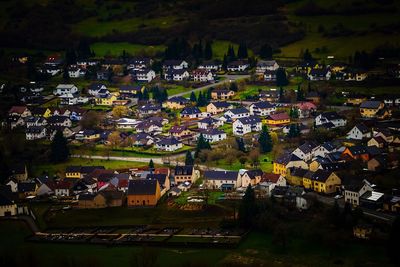 High angle view of townscape and houses in town