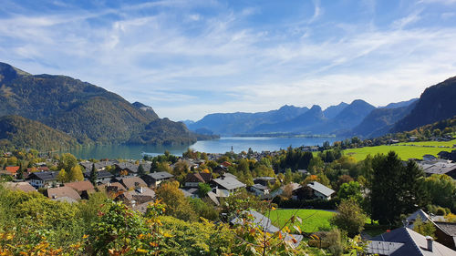 Scenic view of sea and mountains against sky