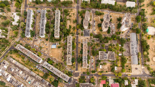 High angle view of street amidst buildings in city