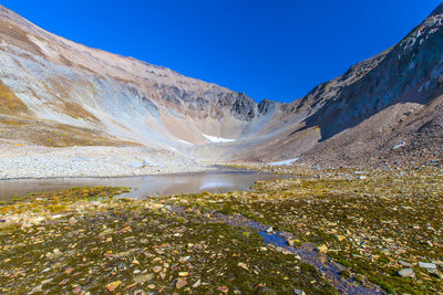 Scenic view of lake and mountains against clear blue sky