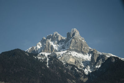 Scenic view of snowcapped mountains against clear blue sky