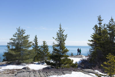 Couple standing at beach against sky