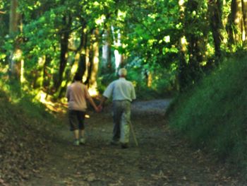 Rear view of woman walking on footpath