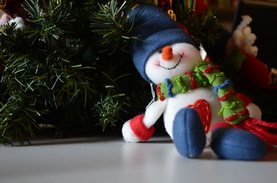 Snowman on floor against plants at home