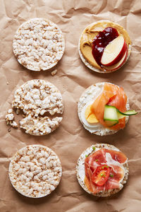High angle view of breakfast on table