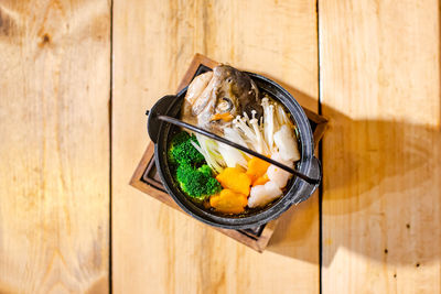 High angle view of food in bowl on table