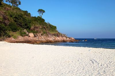 Scenic view of beach against clear blue sky