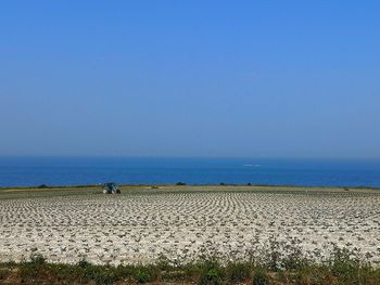 Scenic view of sea against clear blue sky
