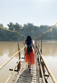 Rear view of woman with dog on lake against sky