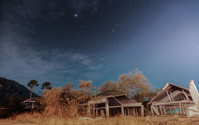 Trees and buildings against sky at night