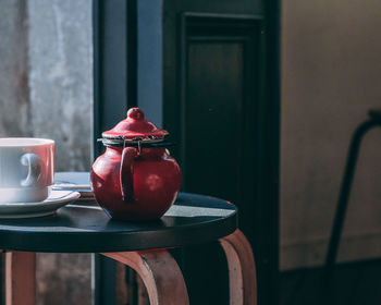 Close-up of red wine in plate on table